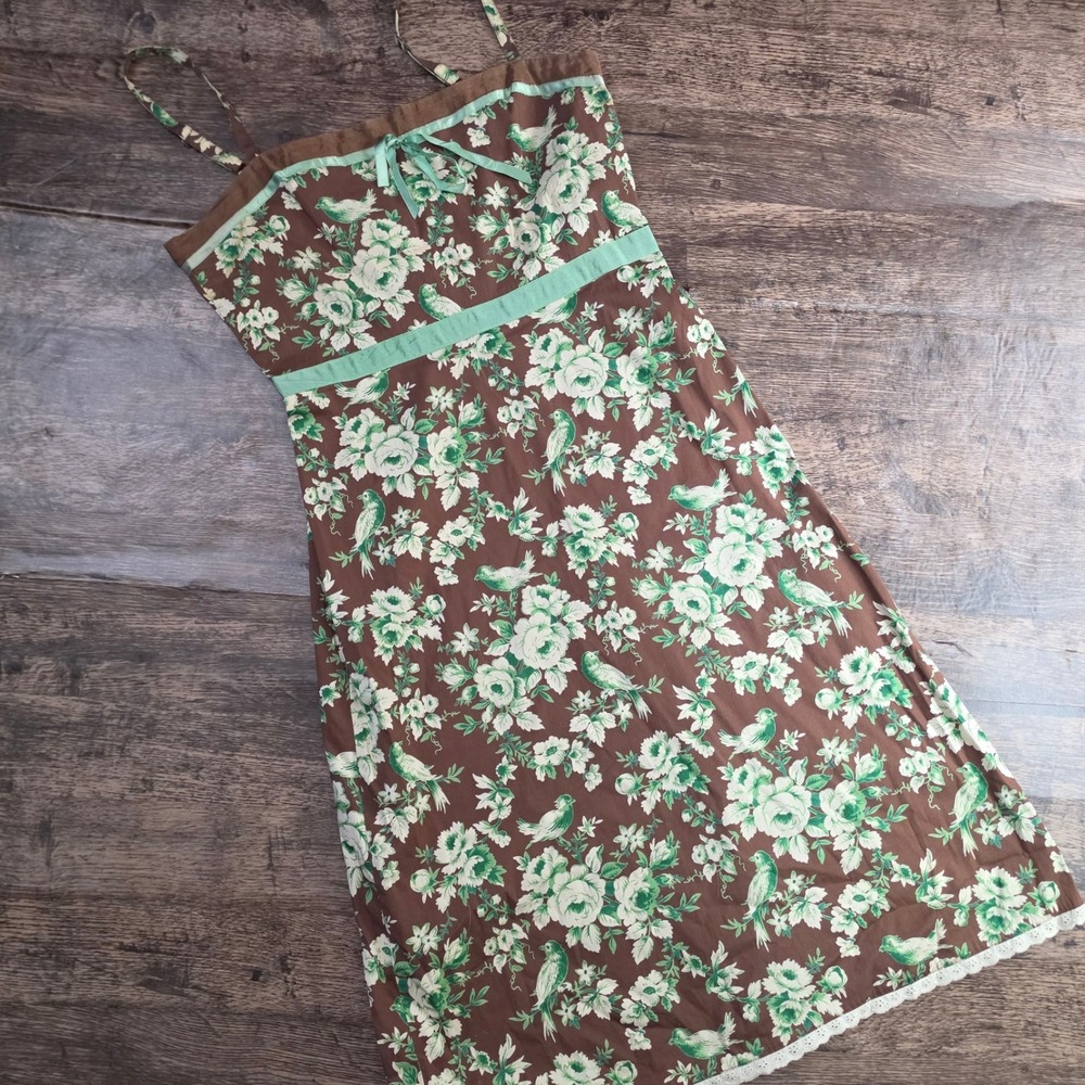 ANTHROPOLOGIE Floral Bird Print Midi Dress Womens S Brown Green Cottagecore Lace